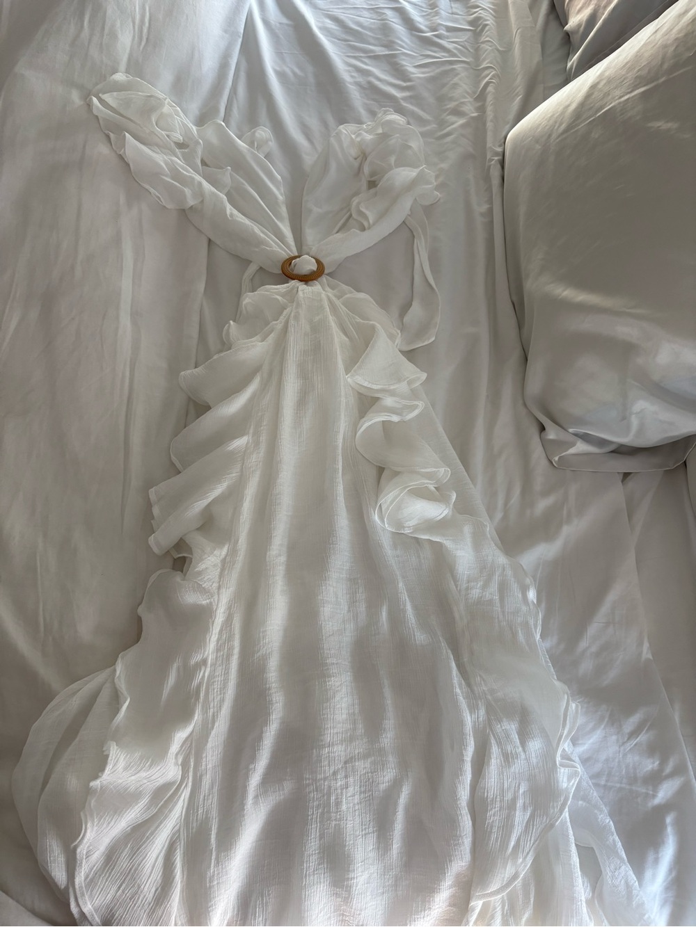 Vici White Maxi Dress with Ruffle Detail and Ring Accent